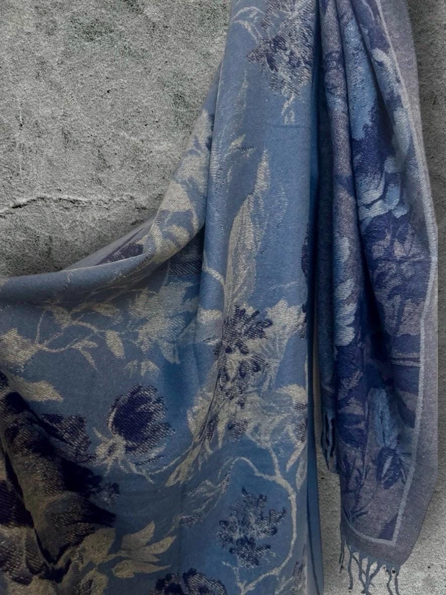 Blue Ultra Soft Winter Scarf,Reversible Wrap for Women,Cozy Peony’s Floral Pattern Shawl,Luxury Gift for Her