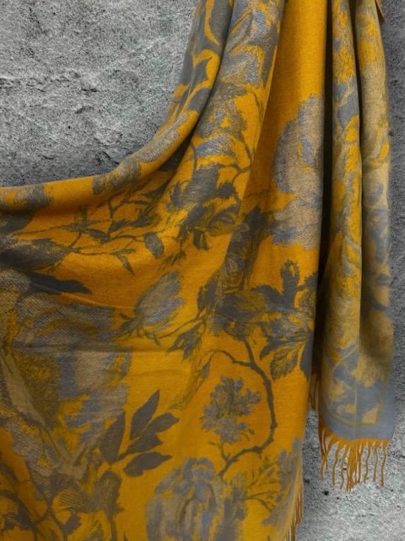 Mustard Yellow Ultra Soft Winter Scarf,Double-Sided Peonys Floral Wrap,Bold Reversible Shawl,Warm Gift for Her