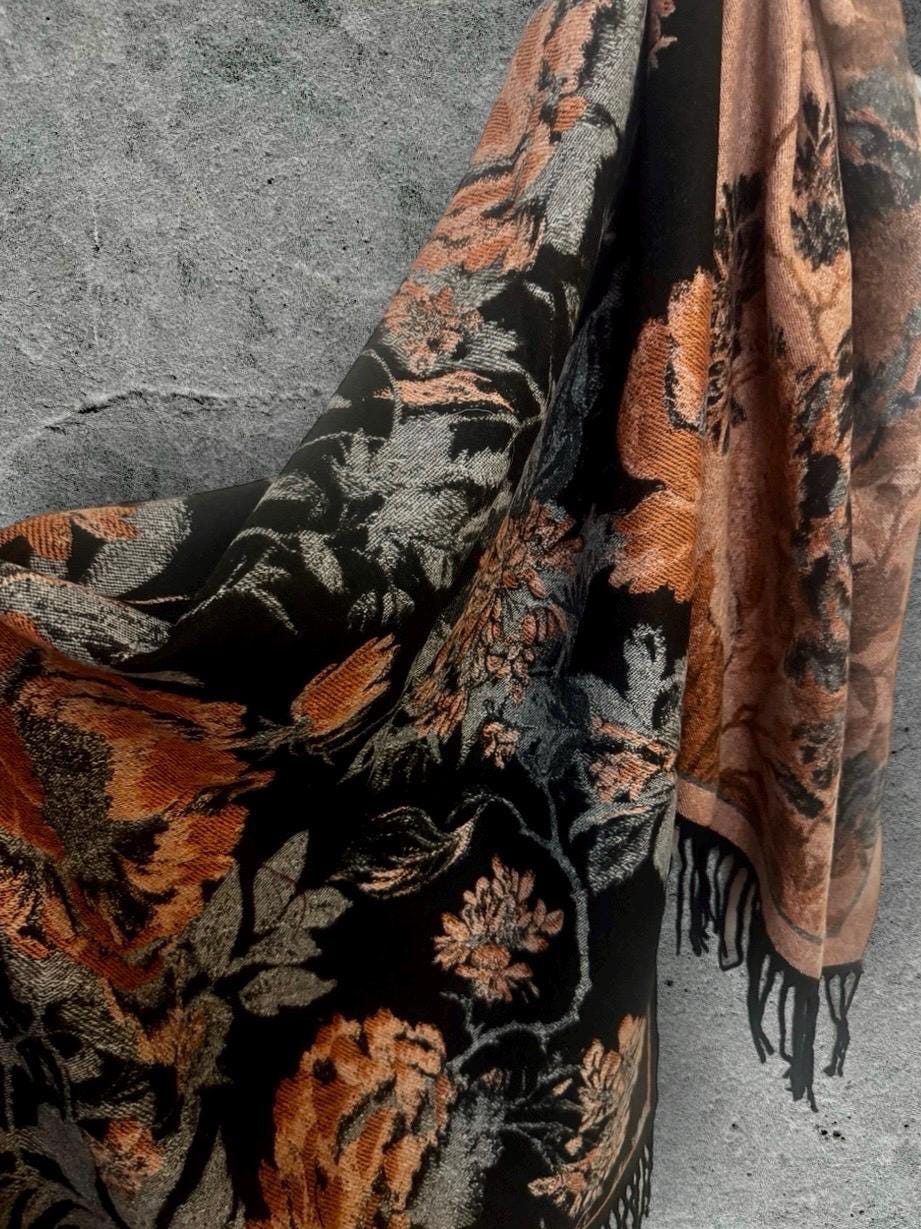 Black Ultra Soft Winter Scarf,Elegant Reversible Peonys Floral Shawl,Cozy Wrap for Women,Chic Warm Gift for Her