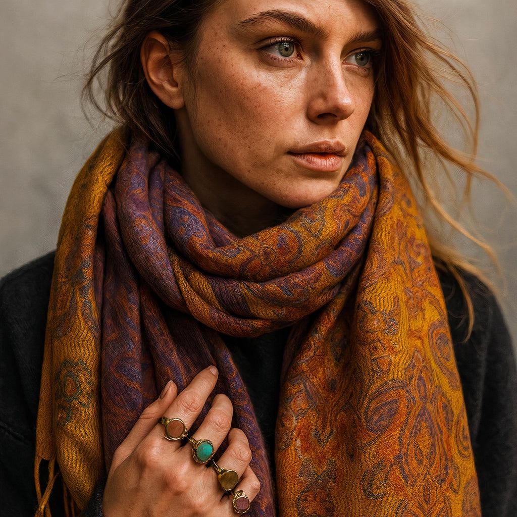 Reversible Mustard Yellow Winter Scarf for Women,Ultra Soft Shawl with Paisley Pattern,Cozy Warm Wrap,Stylish Gift for Her