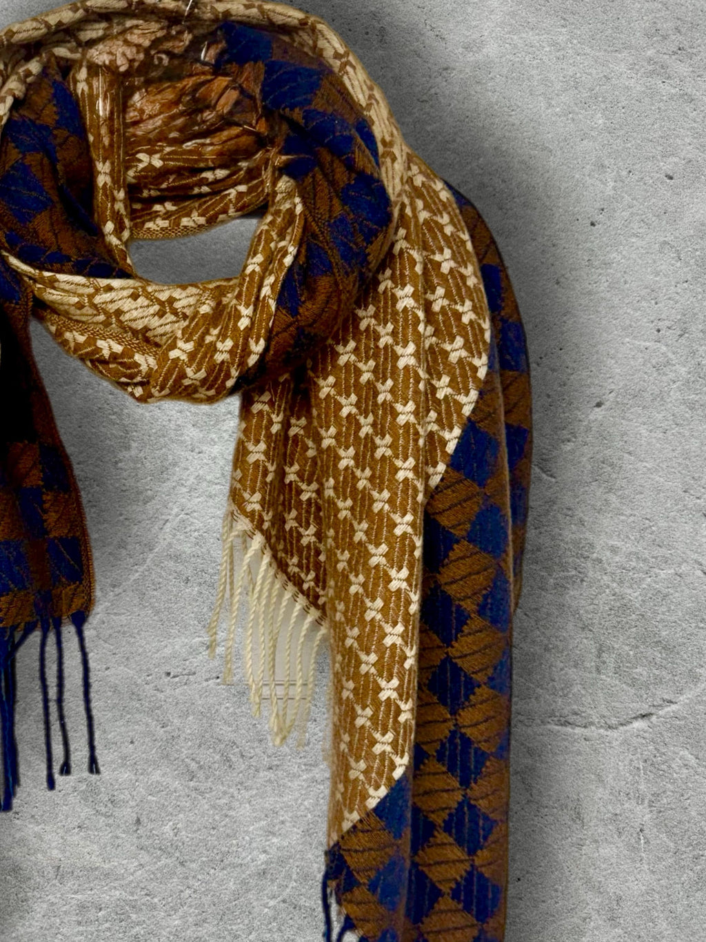 Camel Beige Oversized Scarf for Women,Heritage Mosaic Winter Wrap,Ultra Soft Neutral Geometric Shawl,Cosy Navy Cream Gift for Her