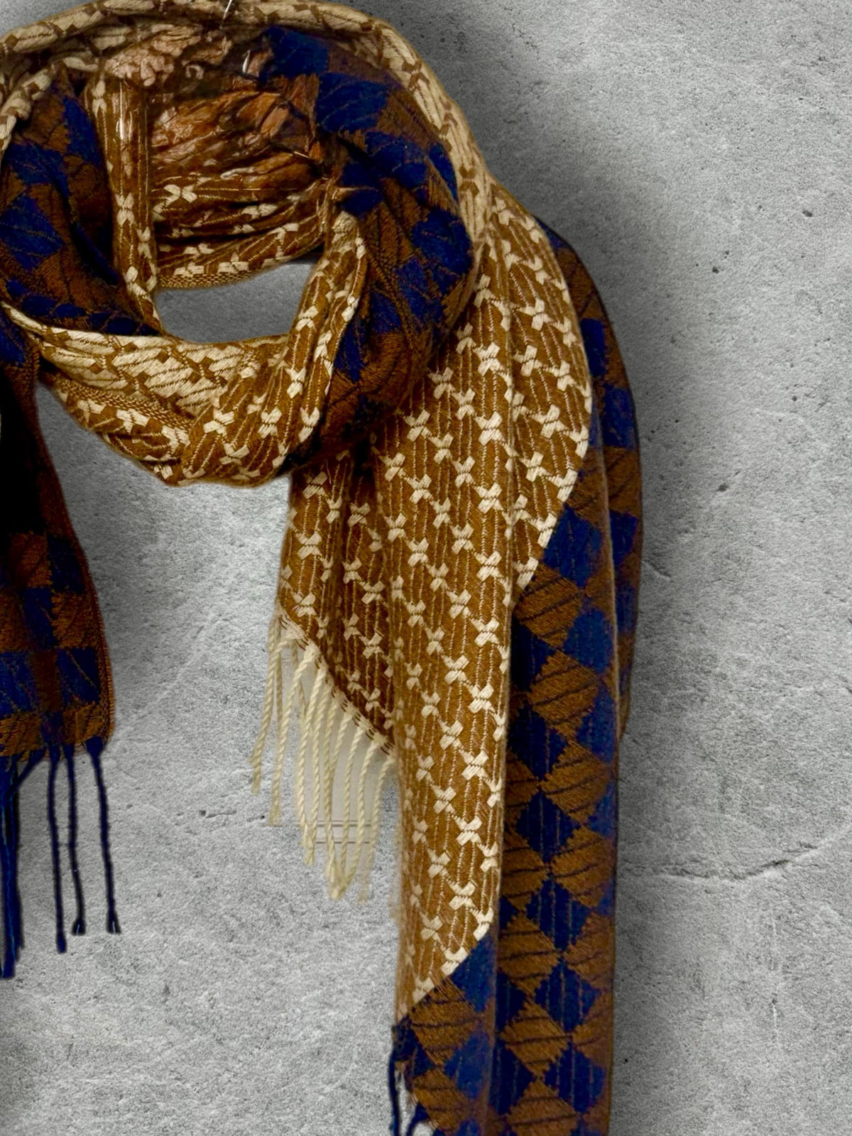 Camel Beige Oversized Scarf for Women,Heritage Mosaic Winter Wrap,Ultra Soft Neutral Geometric Shawl,Cosy Navy Cream Gift for Her