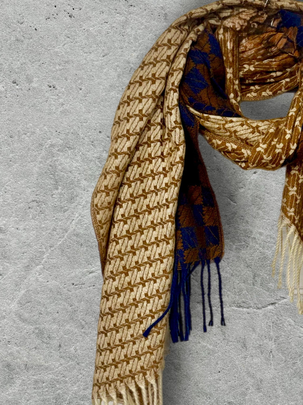 Camel Beige Oversized Scarf for Women,Heritage Mosaic Winter Wrap,Ultra Soft Neutral Geometric Shawl,Cosy Navy Cream Gift for Her
