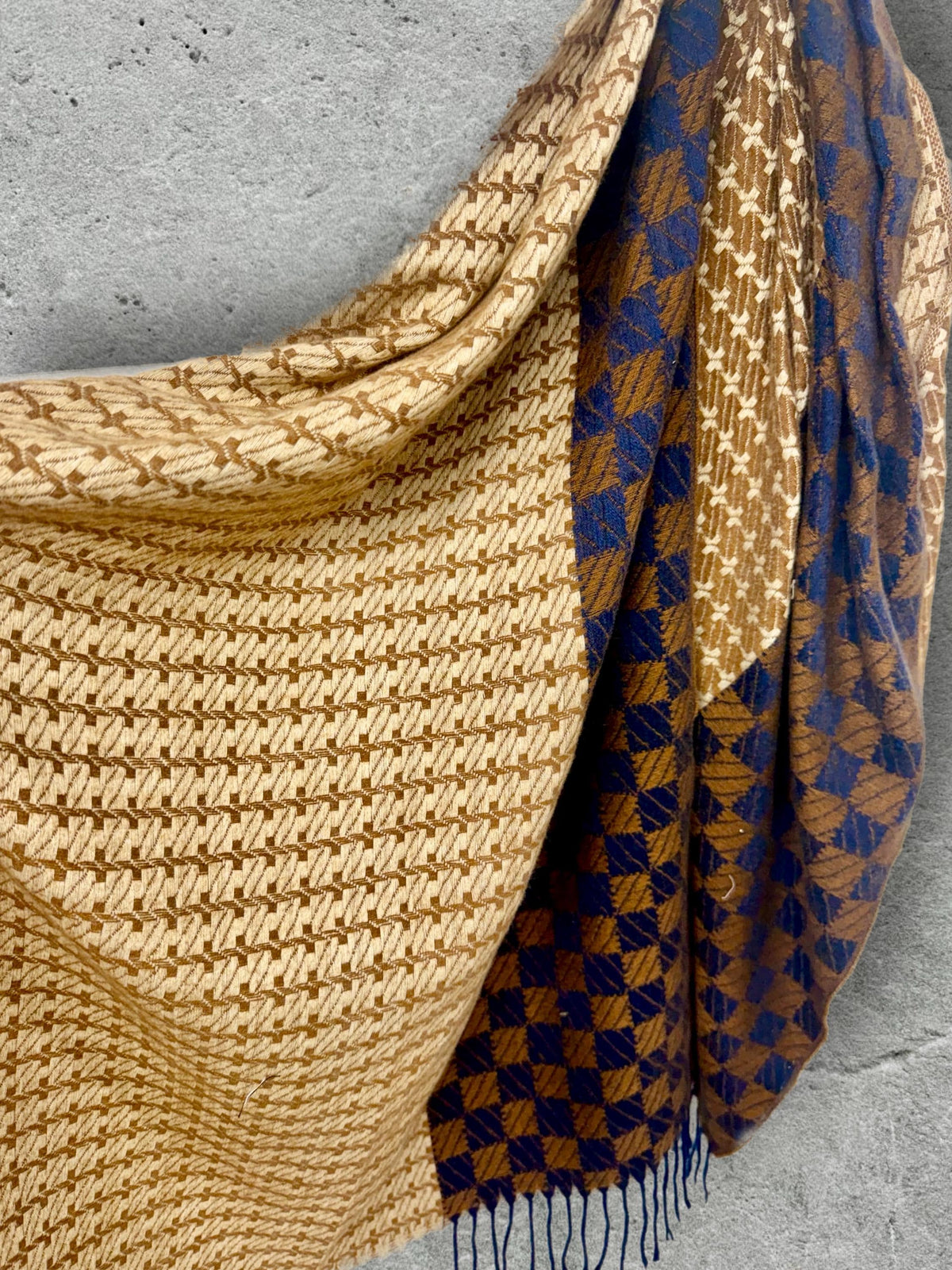 Camel Beige Oversized Scarf for Women,Heritage Mosaic Winter Wrap,Ultra Soft Neutral Geometric Shawl,Cosy Navy Cream Gift for Her