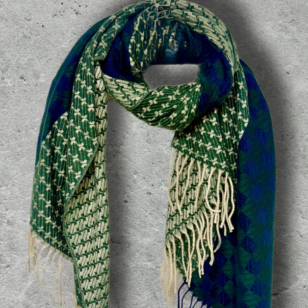 Forest Green Geometric Winter Scarf,Heritage Mosaic Ultra Soft Shawl,Oversized Blue Green Wrap for Women,Cosy Gift for Her