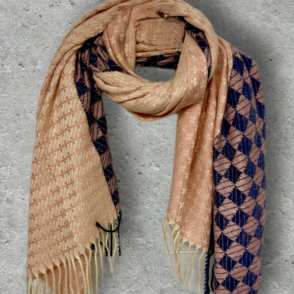 Blush Pink Ultra Soft Winter Scarf,Heritage Mosaic Geometric Wrap,Cream Navy Patterned Shawl for Women,Cosy Gift for Her