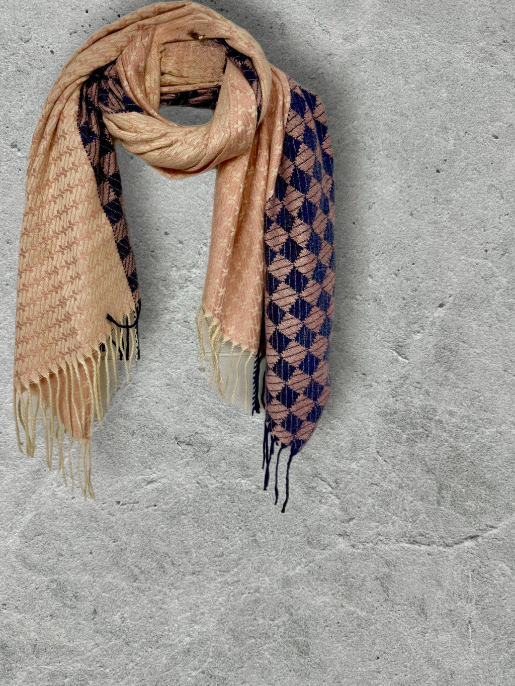 Blush Pink Ultra Soft Winter Scarf,Heritage Mosaic Geometric Wrap,Cream Navy Patterned Shawl for Women,Cosy Gift for Her