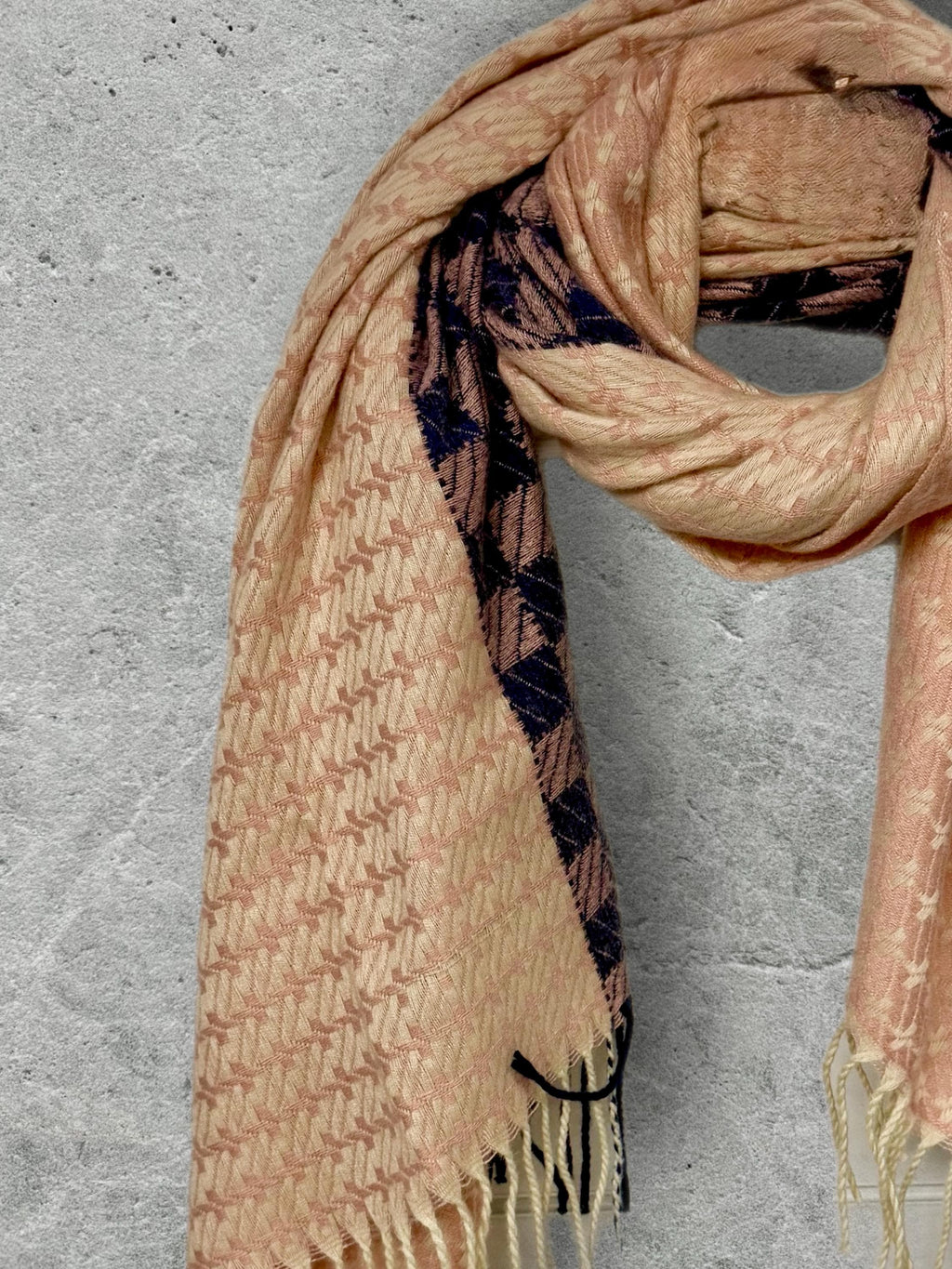 Blush Pink Ultra Soft Winter Scarf,Heritage Mosaic Geometric Wrap,Cream Navy Patterned Shawl for Women,Cosy Gift for Her