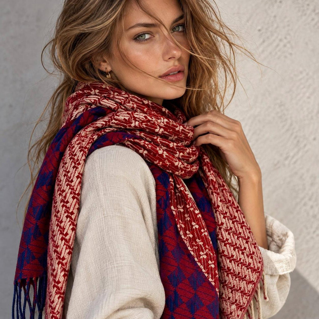Burgundy Red Winter Scarf for Women,Heritage Mosaic Patterned Wrap,Ultra Soft Oversized Geometric Shawl,Thoughtful Christmas Gift