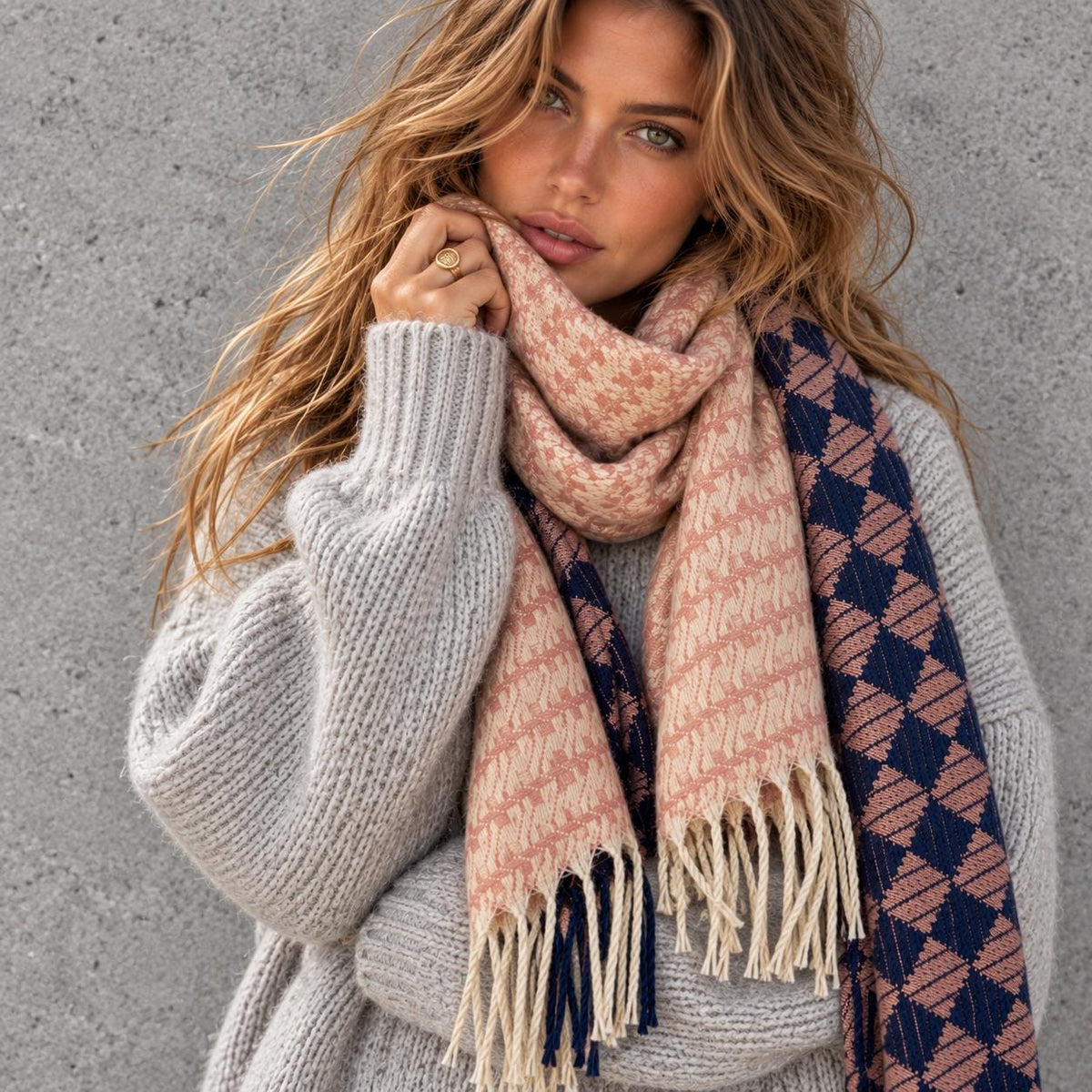 Blush Pink Ultra Soft Winter Scarf,Heritage Mosaic Geometric Wrap,Cream Navy Patterned Shawl for Women,Cosy Gift for Her