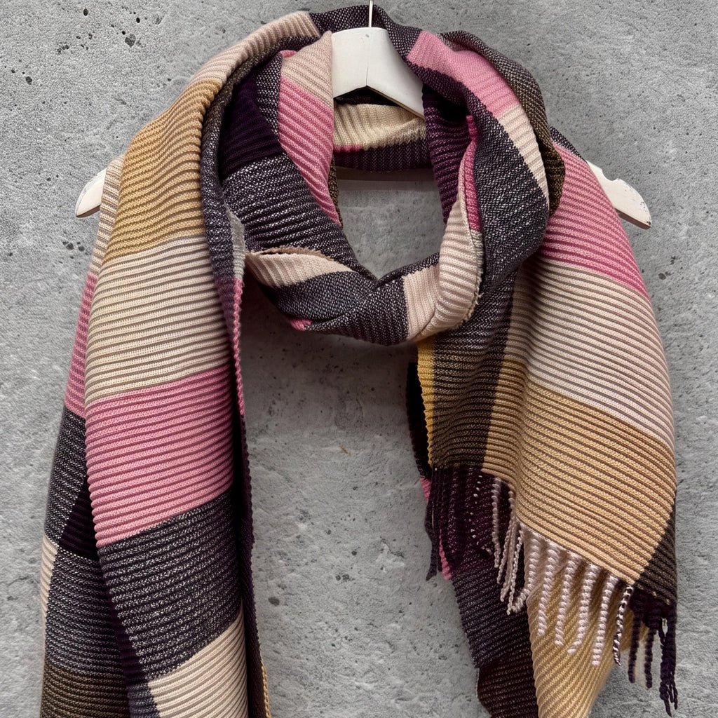 Pink Plum Beige Geometric Colour Block Pattern Winter Scarf,Ultra Soft Wrap for Women,Warm Gift for Her Birthday or Christmas
