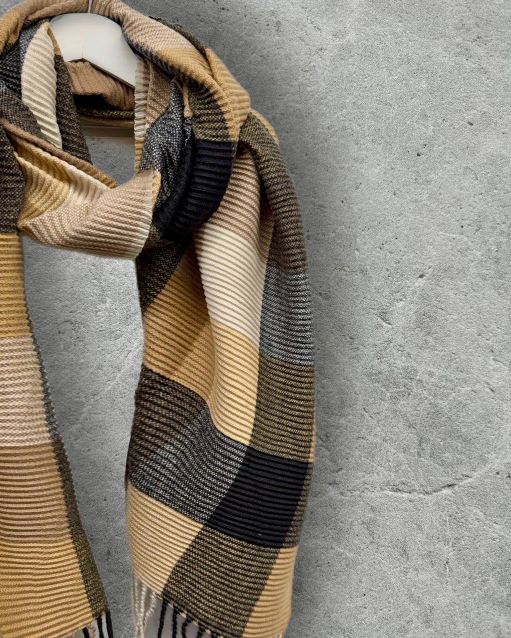 Geometric Camel Beige Black Cream Winter Scarf,Featuring Color Block Pattern,Ultra Soft Neutral Wrap for Women,Minimalist Warm Gift for Her