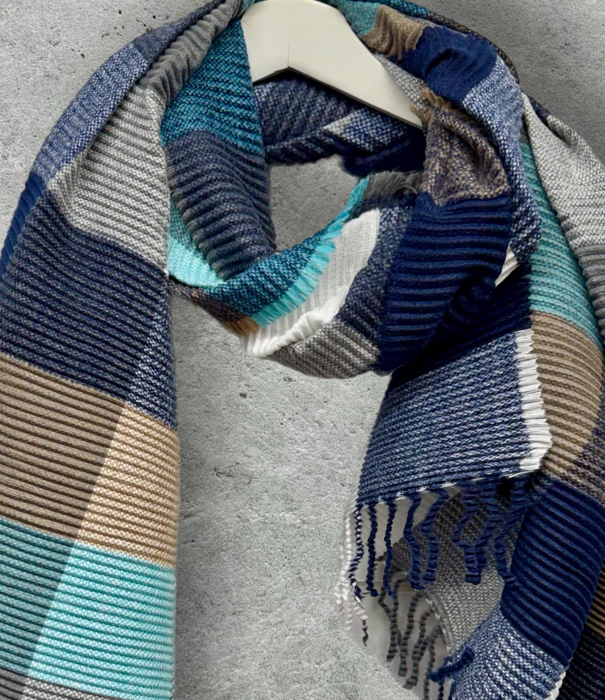 Geometric Aqua Blue Navy Teal Winter Scarf,Featuring Colour Block Pattern,Cozy Wrap for Women,Ultra Soft Warm Gift for Her