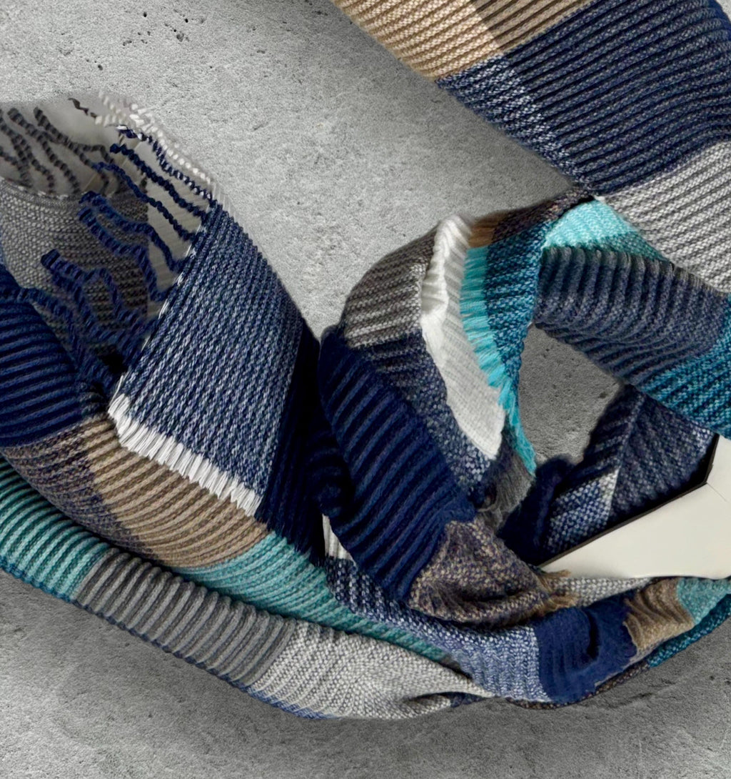 Geometric Aqua Blue Navy Teal Winter Scarf,Featuring Colour Block Pattern,Cozy Wrap for Women,Ultra Soft Warm Gift for Her