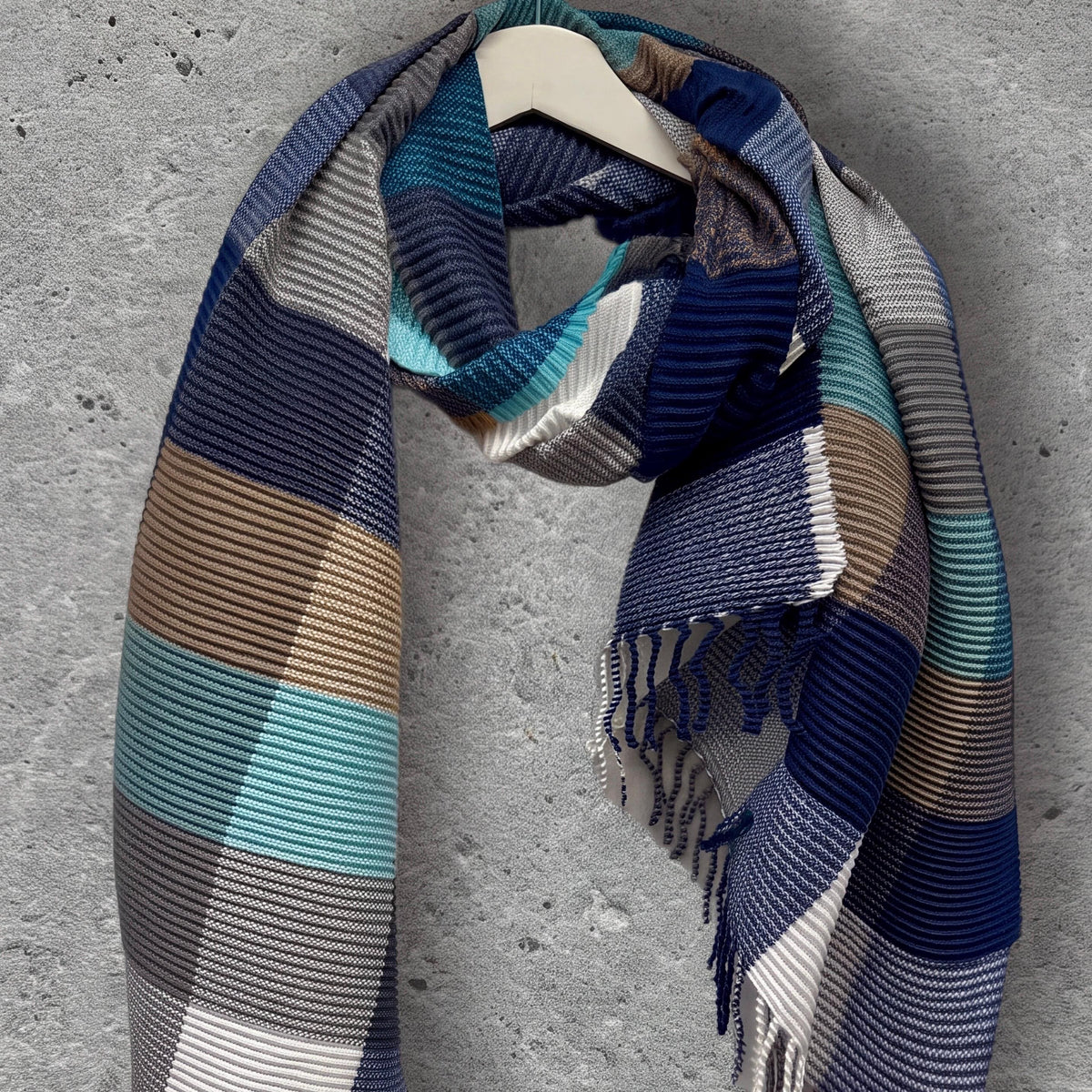 Geometric Aqua Blue Navy Teal Winter Scarf,Featuring Colour Block Pattern,Cozy Wrap for Women,Ultra Soft Warm Gift for Her