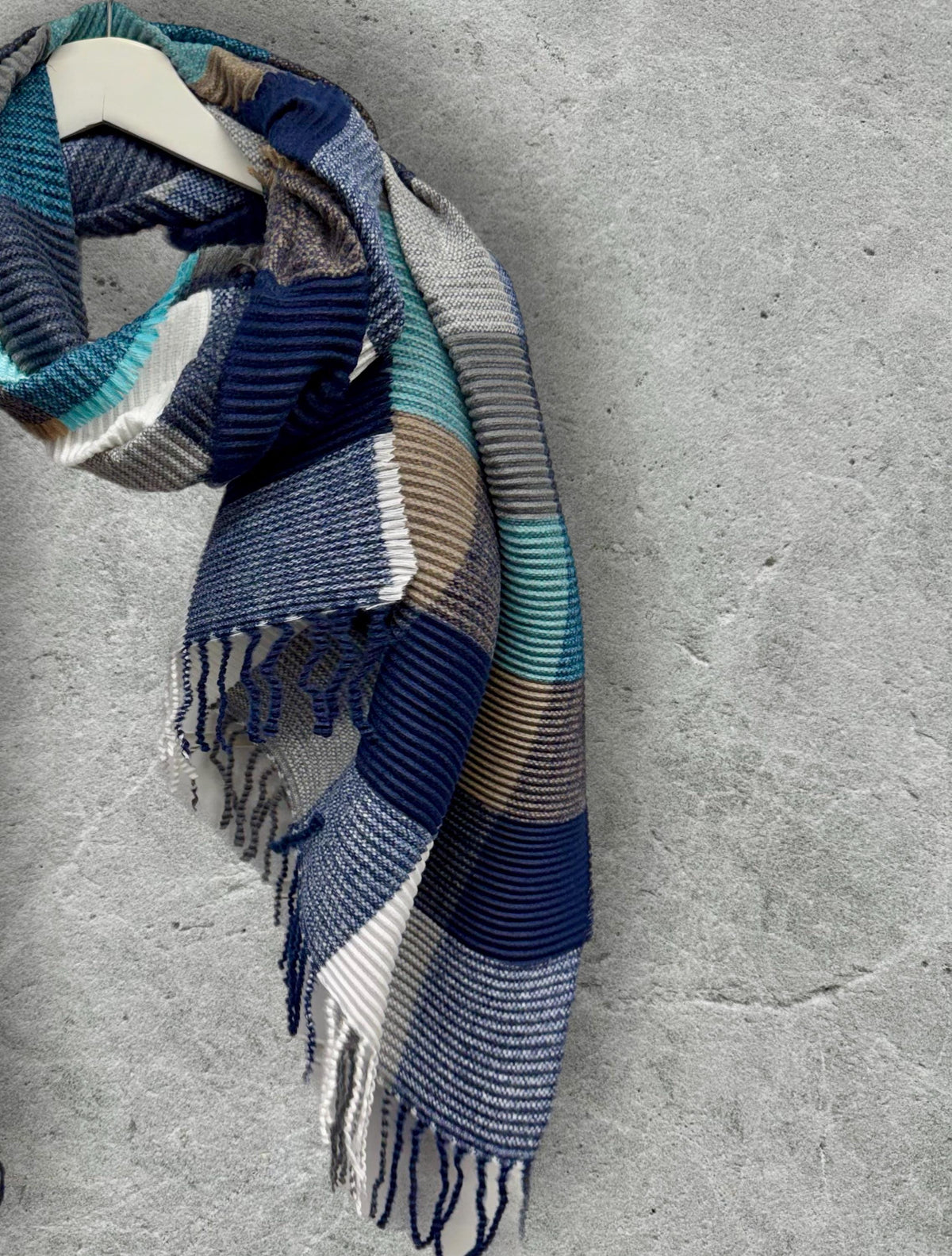 Geometric Aqua Blue Navy Teal Winter Scarf,Featuring Colour Block Pattern,Cozy Wrap for Women,Ultra Soft Warm Gift for Her