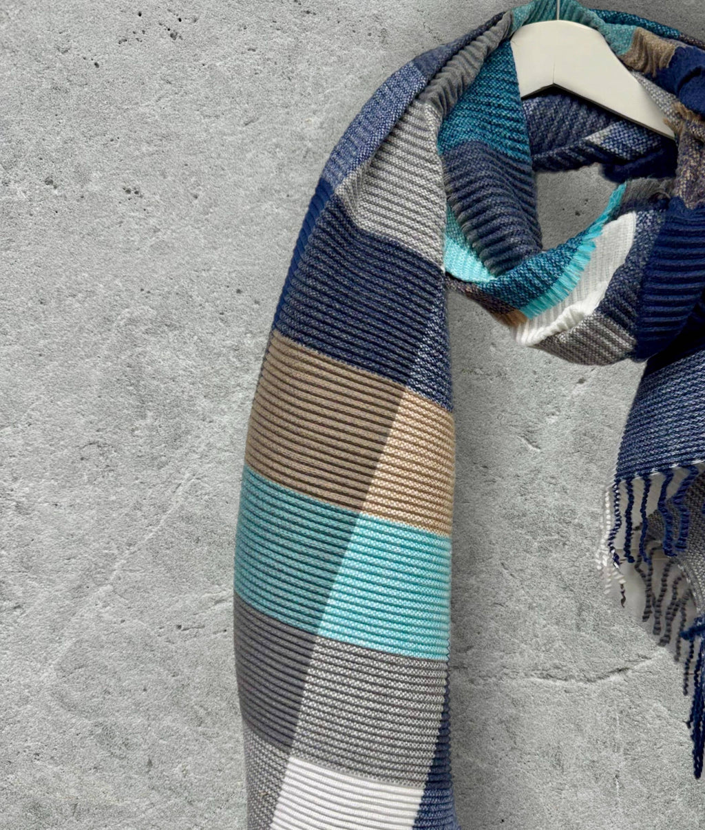 Geometric Aqua Blue Navy Teal Winter Scarf,Featuring Colour Block Pattern,Cozy Wrap for Women,Ultra Soft Warm Gift for Her