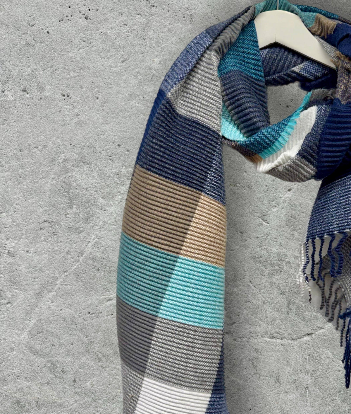 Geometric Aqua Blue Navy Teal Winter Scarf,Featuring Colour Block Pattern,Cozy Wrap for Women,Ultra Soft Warm Gift for Her