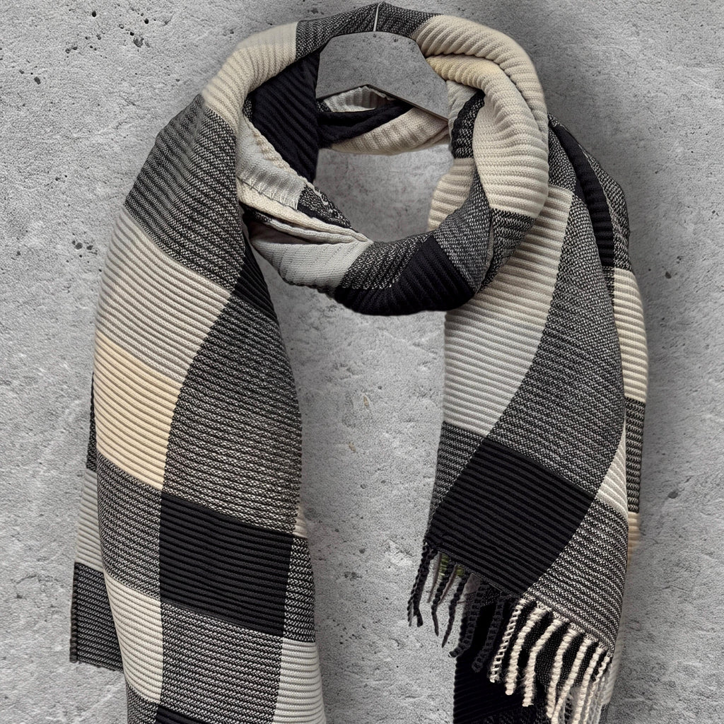 Unisex Monochrome Black Cream Grey Winter Scarf,Featuring Patchwork Colour Block Pattern,Ultra Soft Warm Wrap,Cosy Gift for Him or Her