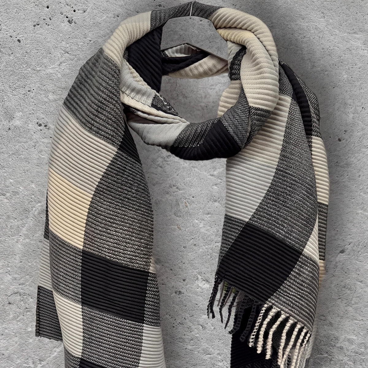 Unisex Monochrome Black Cream Grey Winter Scarf,Featuring Patchwork Colour Block Pattern,Ultra Soft Warm Wrap,Cosy Gift for Him or Her