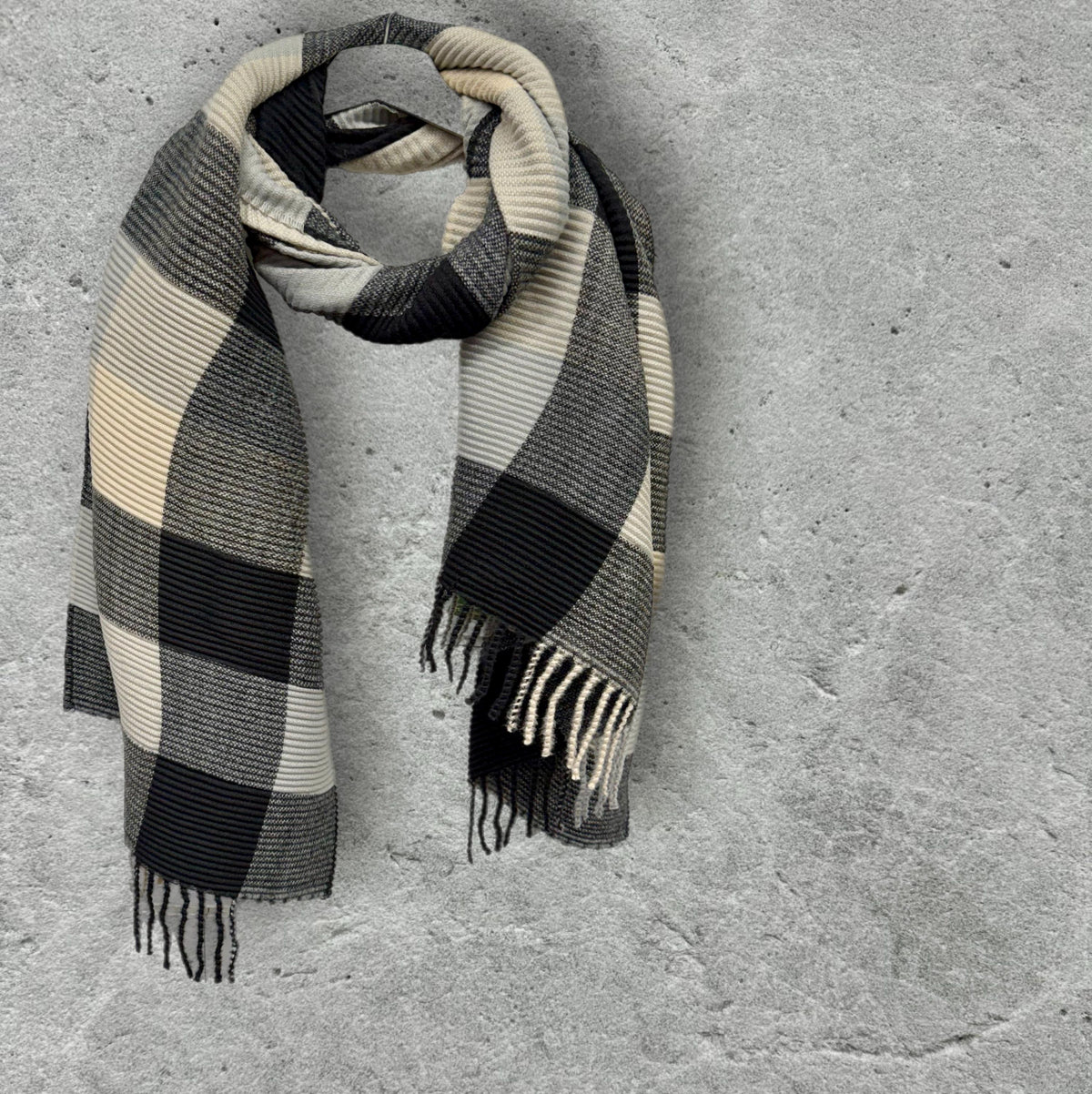 Unisex Monochrome Black Cream Grey Winter Scarf,Featuring Patchwork Colour Block Pattern,Ultra Soft Warm Wrap,Cosy Gift for Him or Her