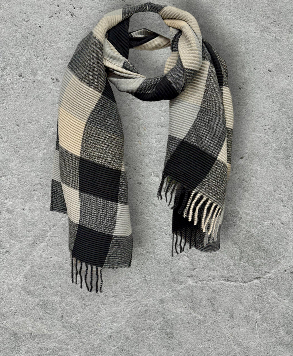 Unisex Monochrome Black Cream Grey Winter Scarf,Featuring Patchwork Colour Block Pattern,Ultra Soft Warm Wrap,Cosy Gift for Him or Her
