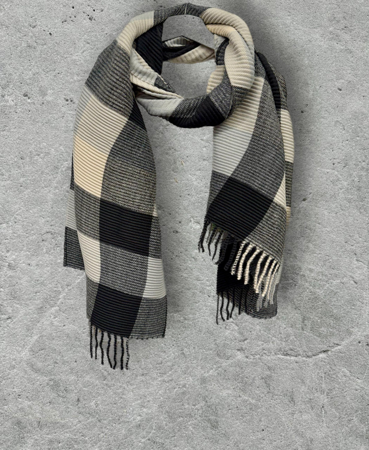 Unisex Monochrome Black Cream Grey Winter Scarf,Featuring Patchwork Colour Block Pattern,Ultra Soft Warm Wrap,Cosy Gift for Him or Her