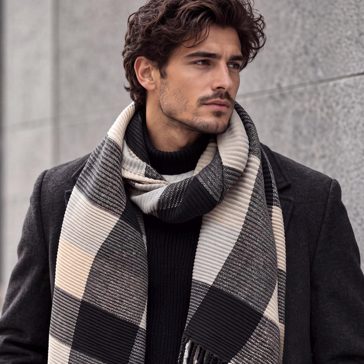 Unisex Monochrome Black Cream Grey Winter Scarf,Featuring Patchwork Colour Block Pattern,Ultra Soft Warm Wrap,Cosy Gift for Him or Her