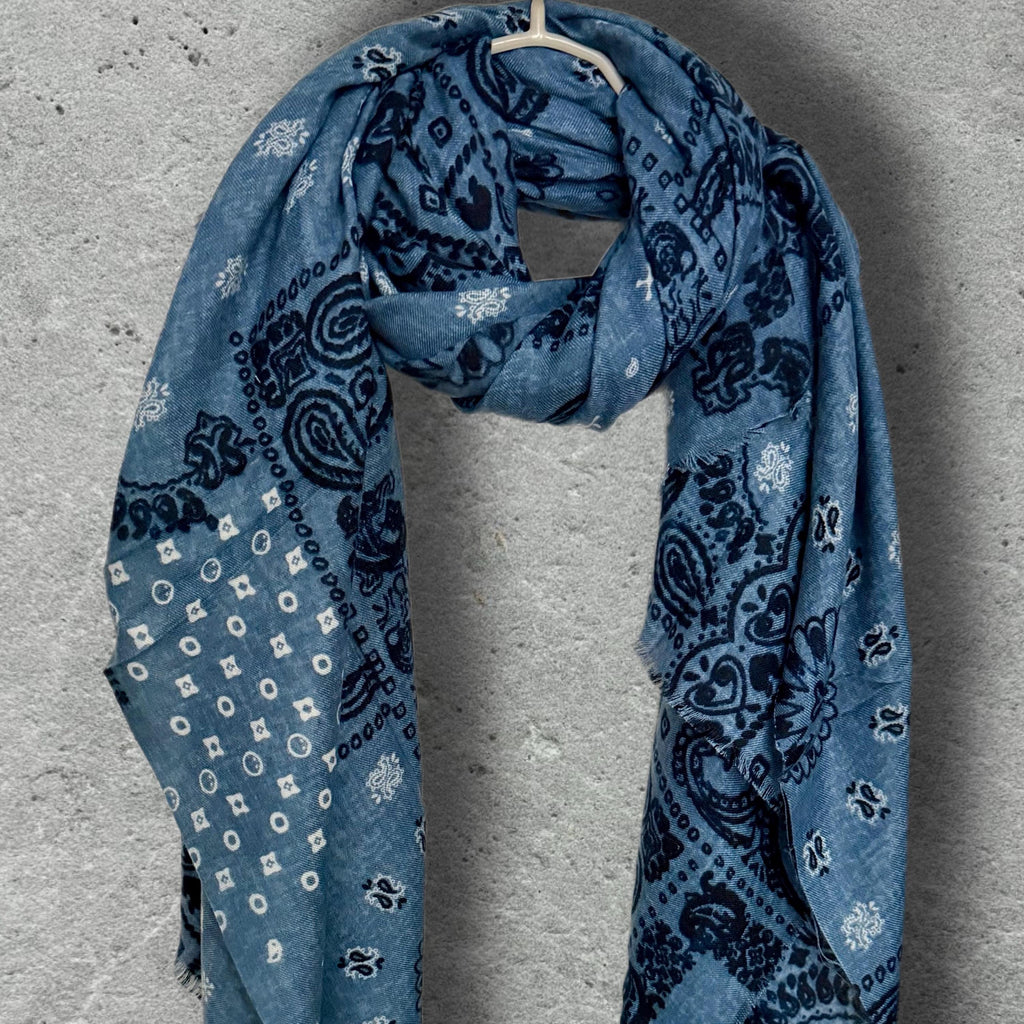 Blue Paisley Scarf for Women,Cotton Viscose Boho Shawl,Vintage Bandana Print Wrap,Autumn Winter Accessory,Great Gifts for Her