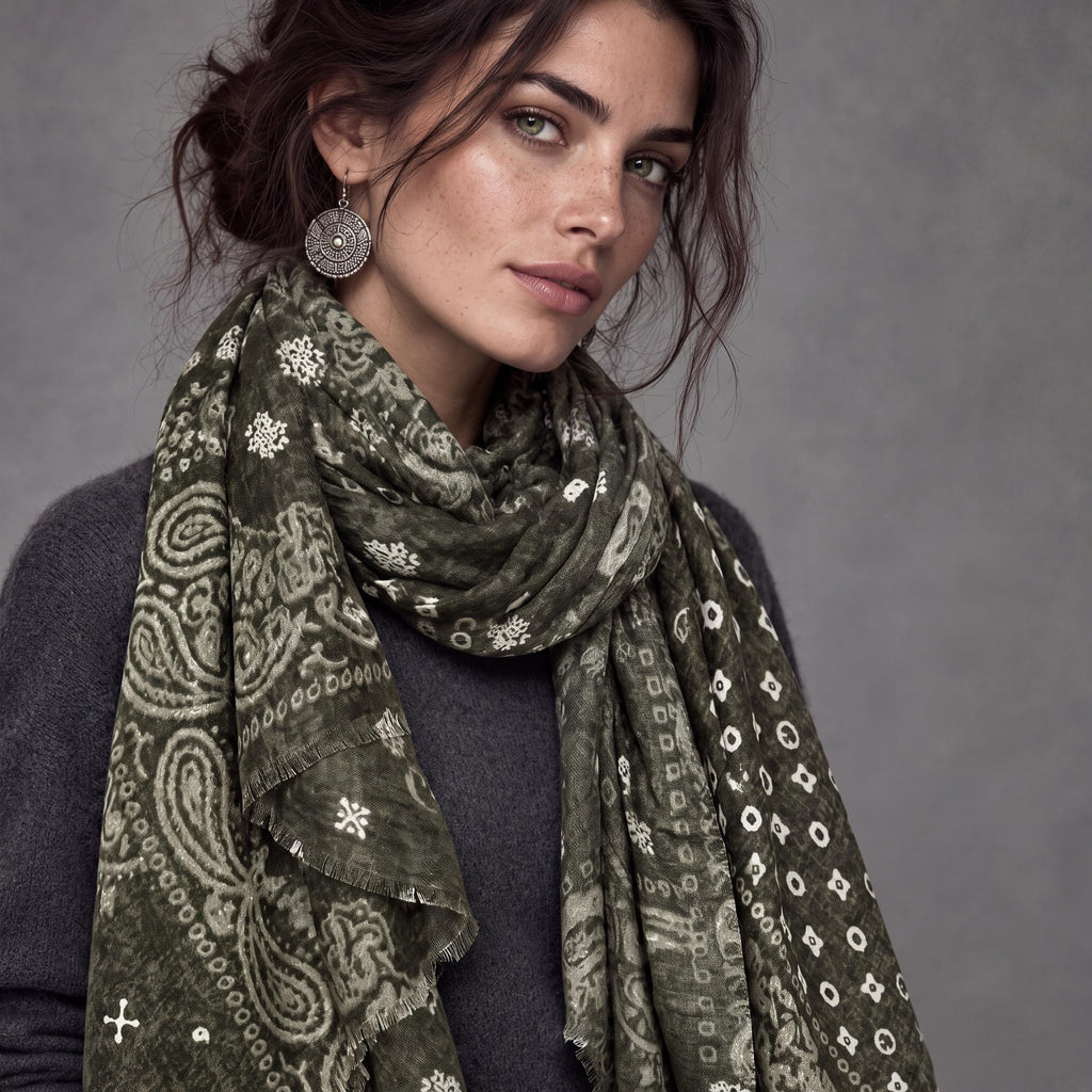 Olive Green Paisley Scarf for Women,Cotton Viscose Blend Boho Wrap,Vintage Bandana Print Shawl, Autumn Accessory,Ideal Gift for Her