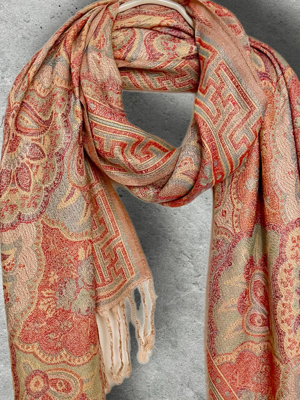 Coral Beige Damask Scarf, Cotton Viscose Blend Pashmina Style Autumn Winter Shawl