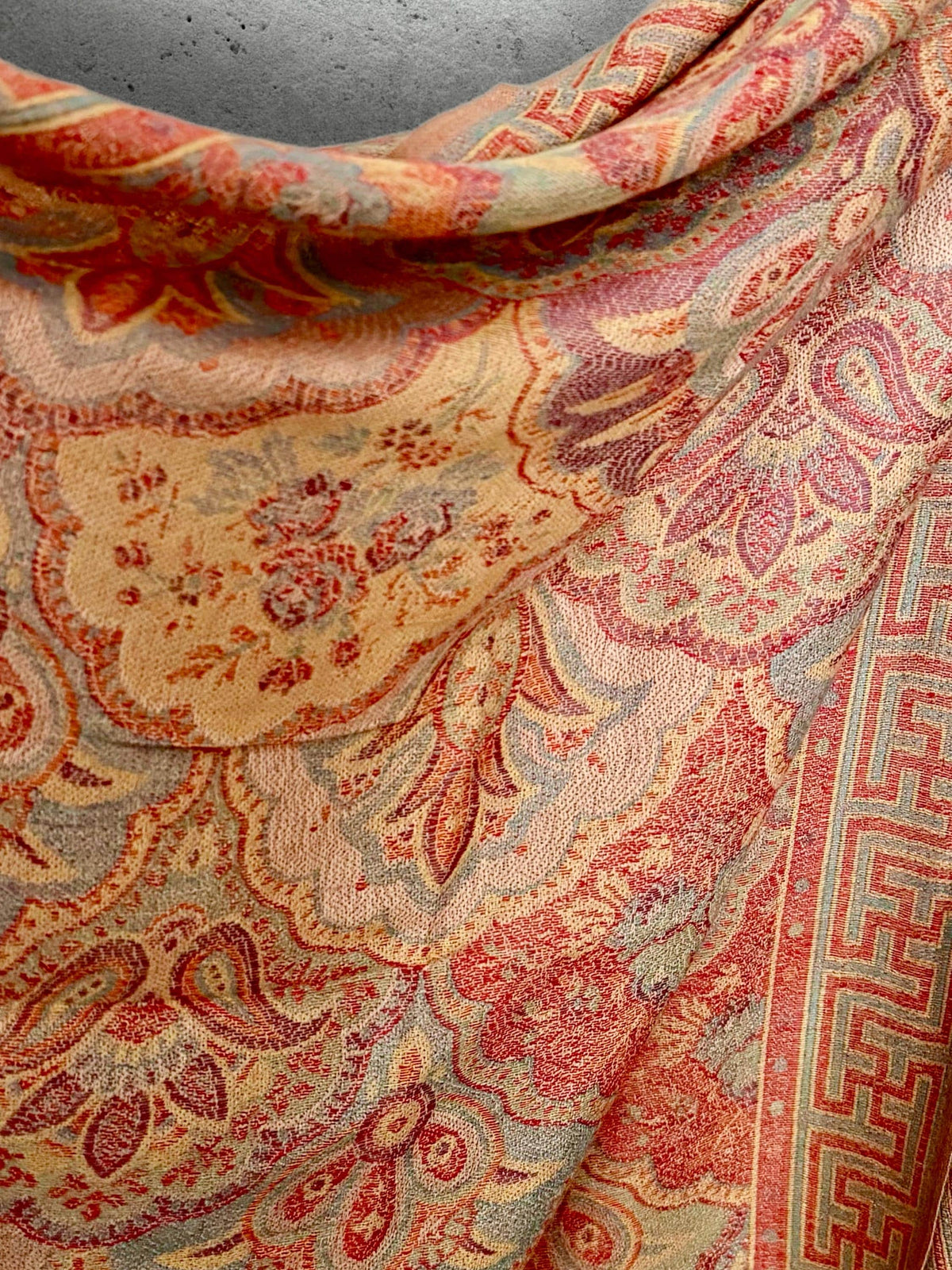 Coral Beige Damask Scarf, Cotton Viscose Blend Pashmina Style Autumn Winter Shawl