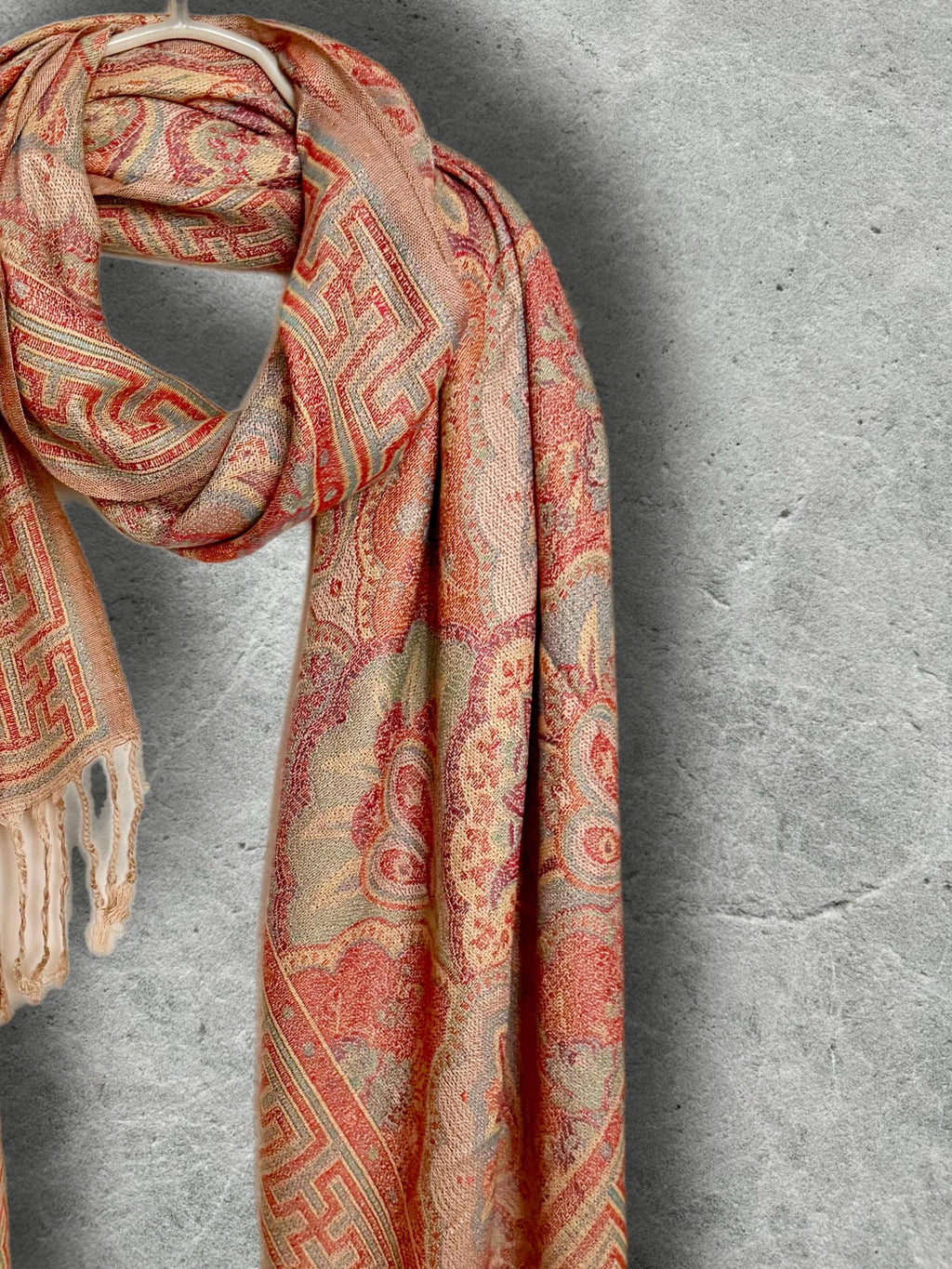 Coral Beige Damask Scarf, Cotton Viscose Blend Pashmina Style Autumn Winter Shawl