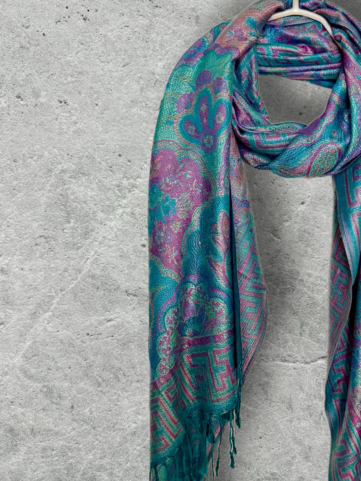 Turquoise Lilac Floral Scarf, Fringed Cotton Viscose Pashmina Style Autumn Winter Wrap