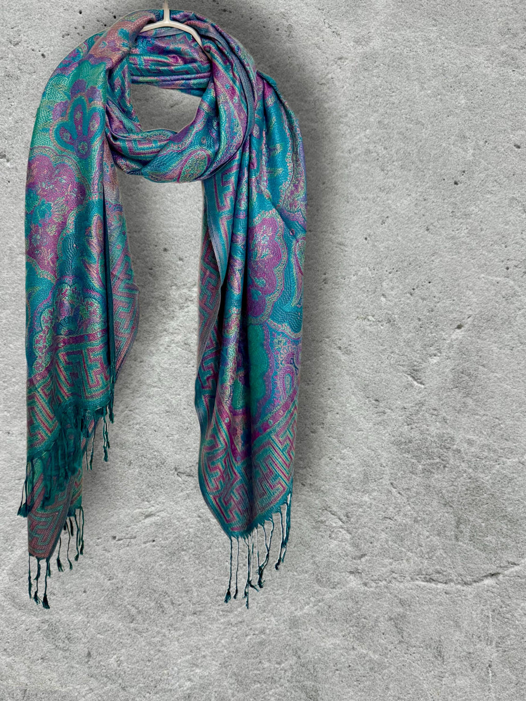 Turquoise Lilac Floral Scarf, Fringed Cotton Viscose Pashmina Style Autumn Winter Wrap