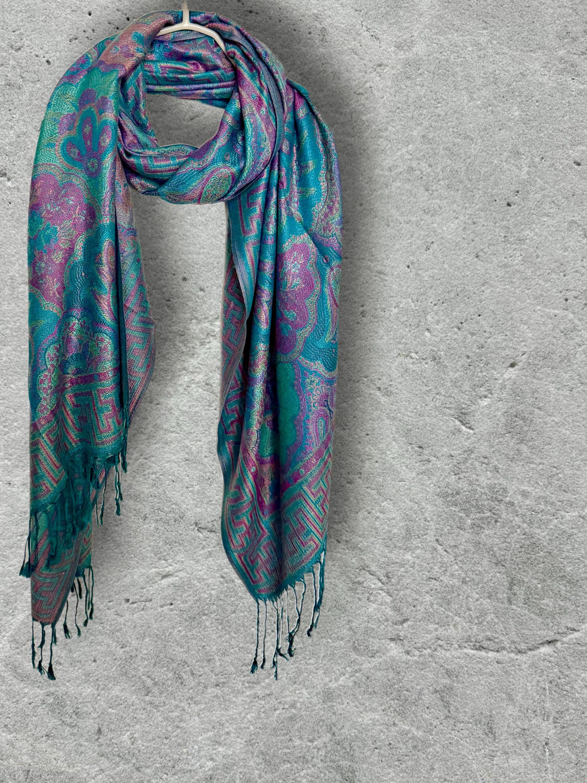 Turquoise Lilac Floral Scarf, Fringed Cotton Viscose Pashmina Style Autumn Winter Wrap