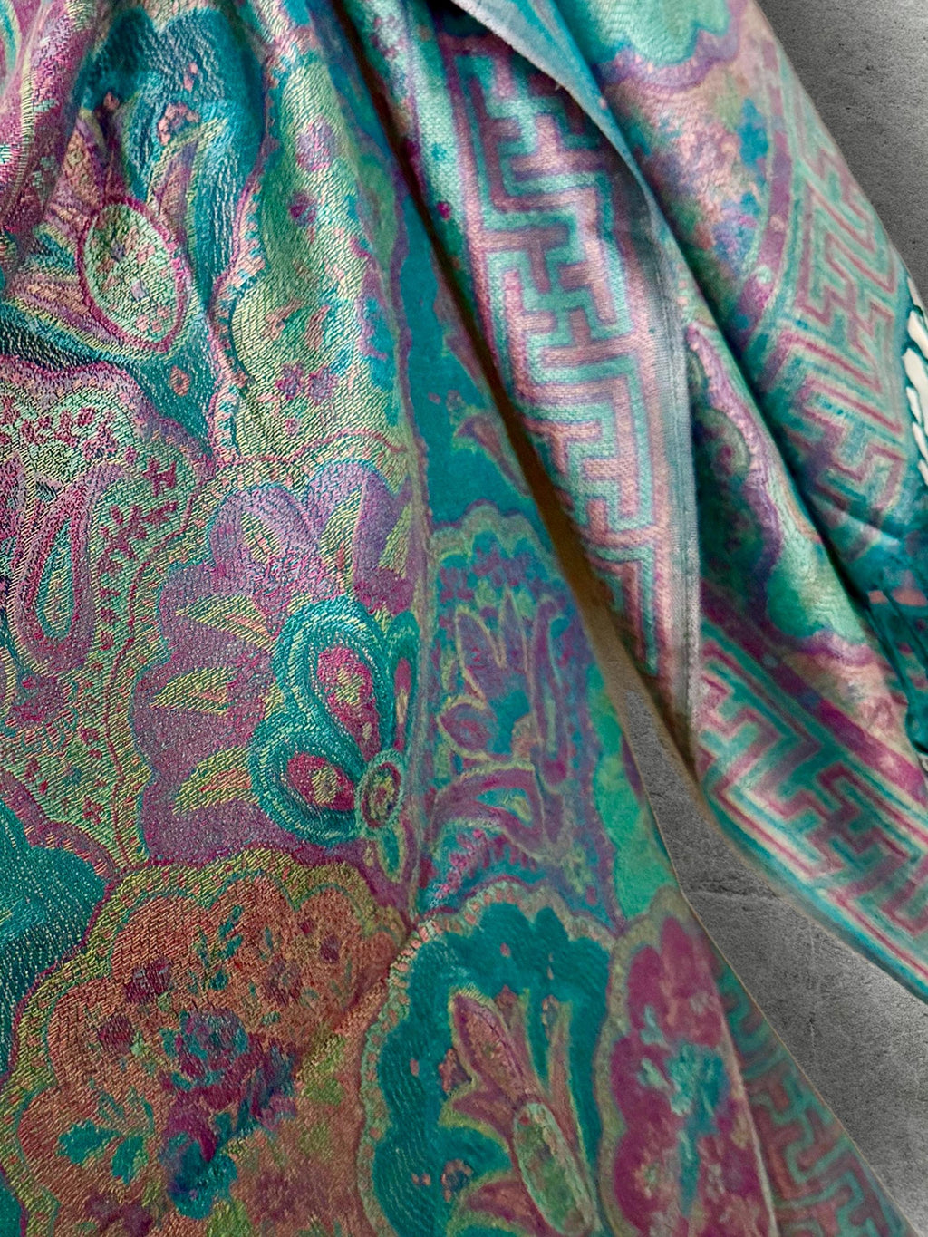 Turquoise Lilac Floral Scarf, Fringed Cotton Viscose Pashmina Style Autumn Winter Wrap