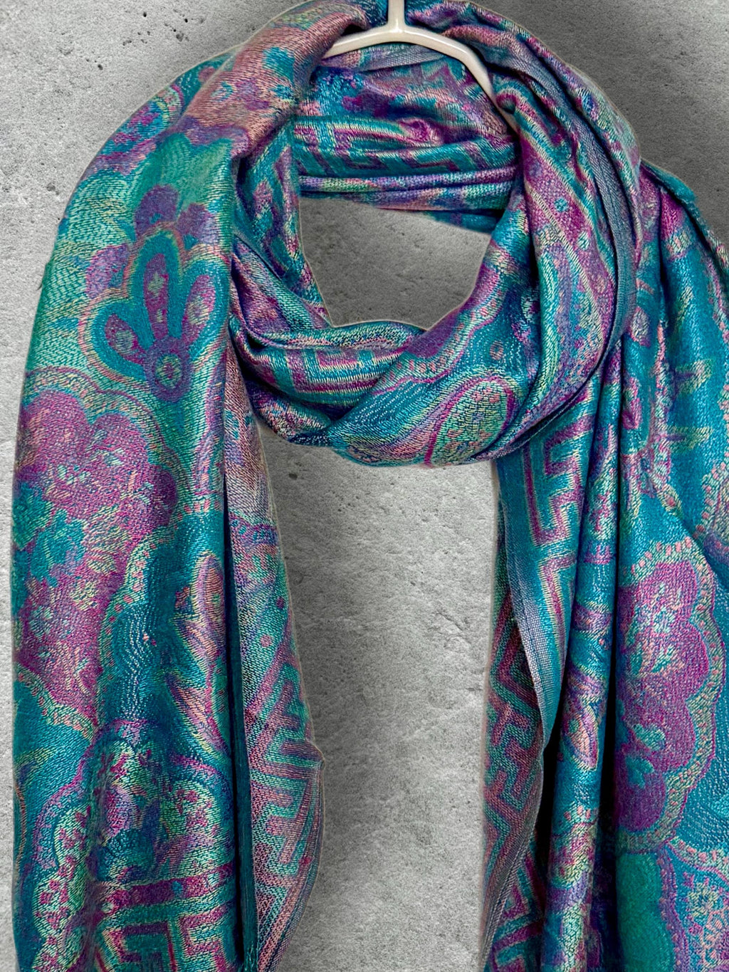 Turquoise Lilac Floral Scarf, Fringed Cotton Viscose Pashmina Style Autumn Winter Wrap
