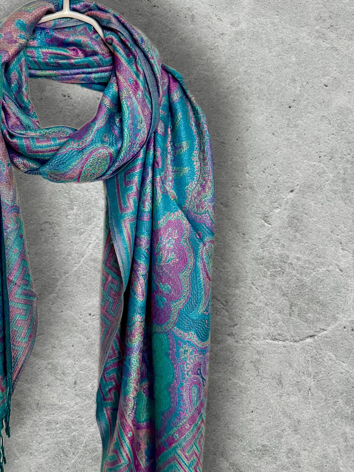 Turquoise Lilac Floral Scarf, Fringed Cotton Viscose Pashmina Style Autumn Winter Wrap