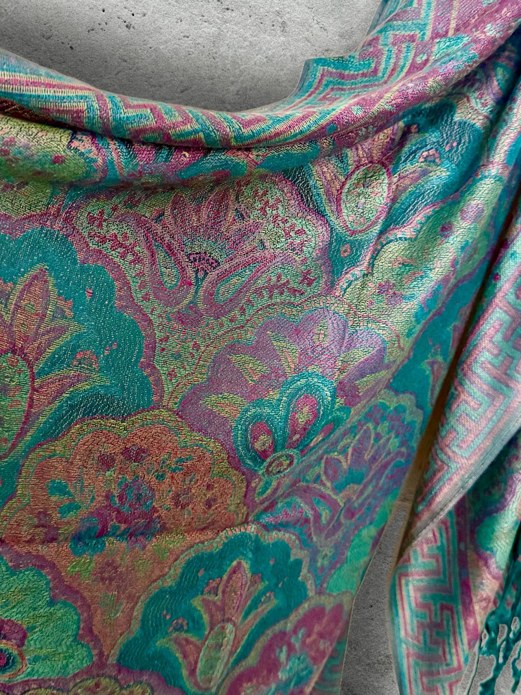 Turquoise Lilac Floral Scarf, Fringed Cotton Viscose Pashmina Style Autumn Winter Wrap