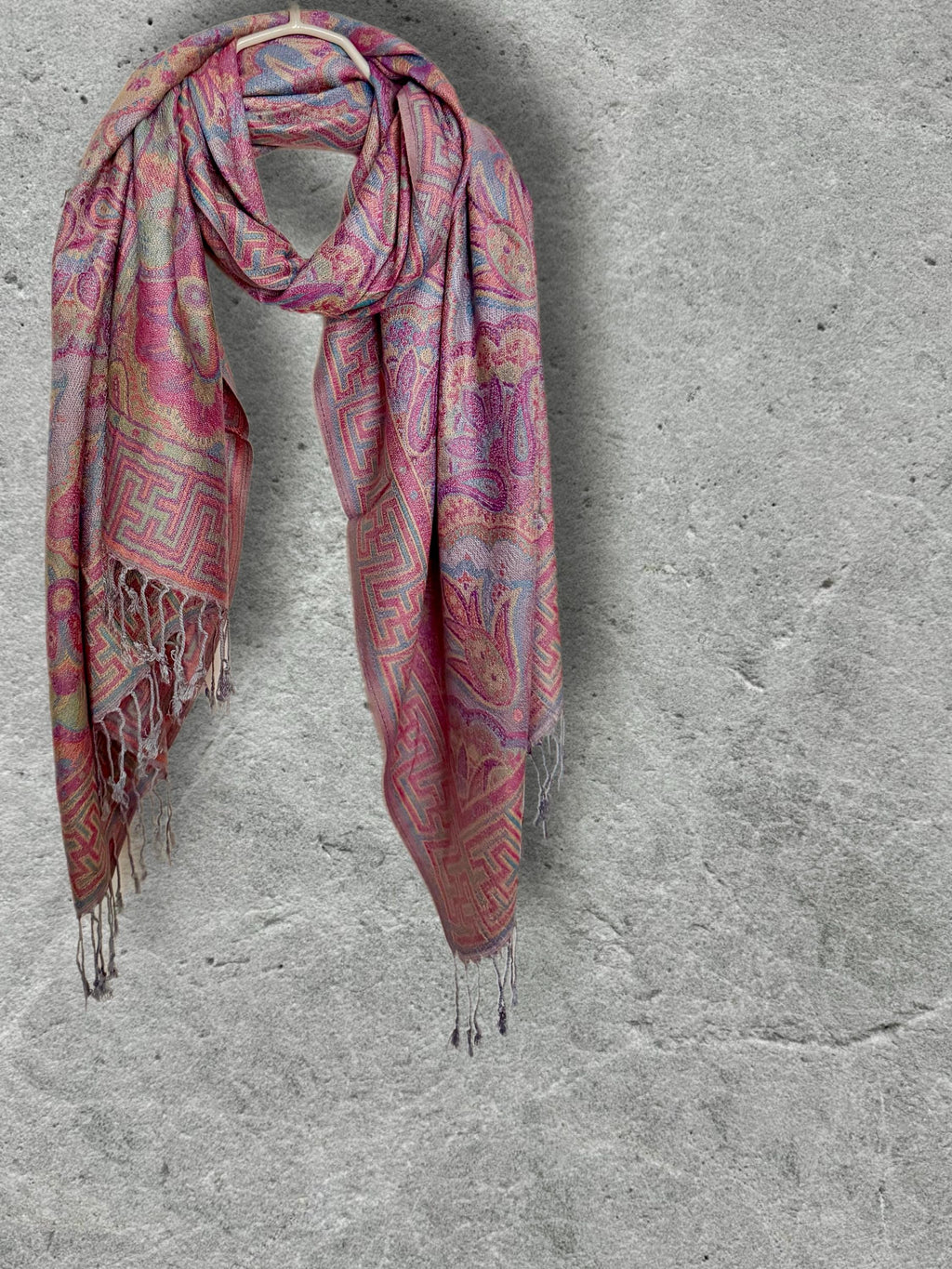 Dusty Pink and Blue Damask Florals Autumn Winter Scarf, Pashmina Style Shawl in Cotton Viscose Blend, Ultra Soft Women Wrap