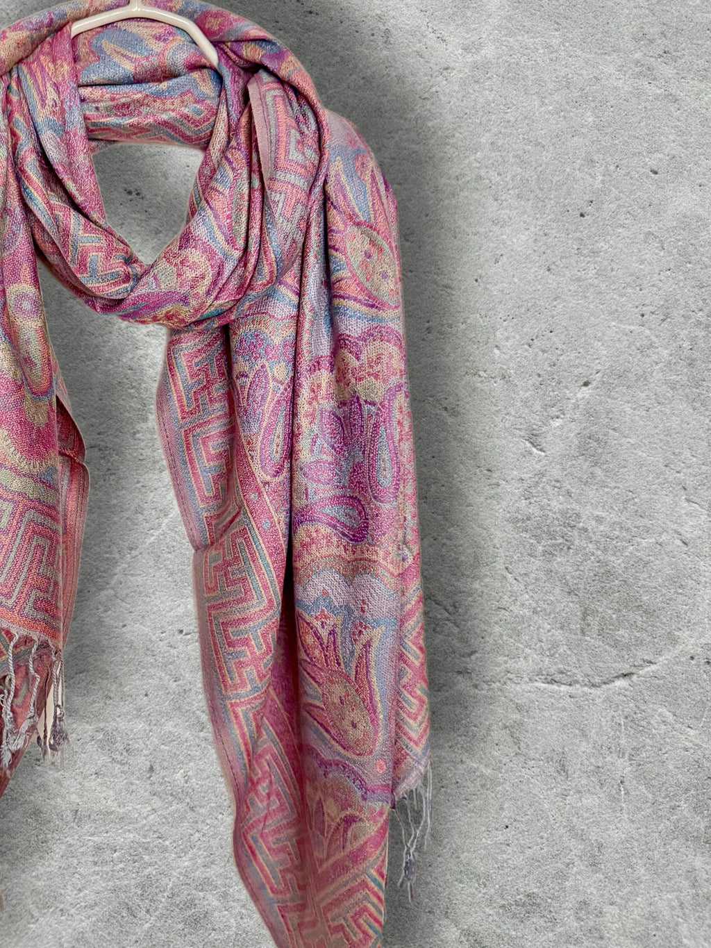Dusty Pink and Blue Damask Florals Autumn Winter Scarf, Pashmina Style Shawl in Cotton Viscose Blend, Ultra Soft Women Wrap