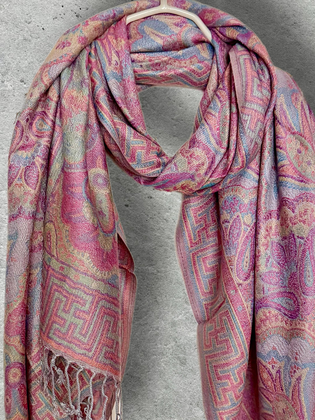Dusty Pink and Blue Damask Florals Autumn Winter Scarf, Pashmina Style Shawl in Cotton Viscose Blend, Ultra Soft Women Wrap