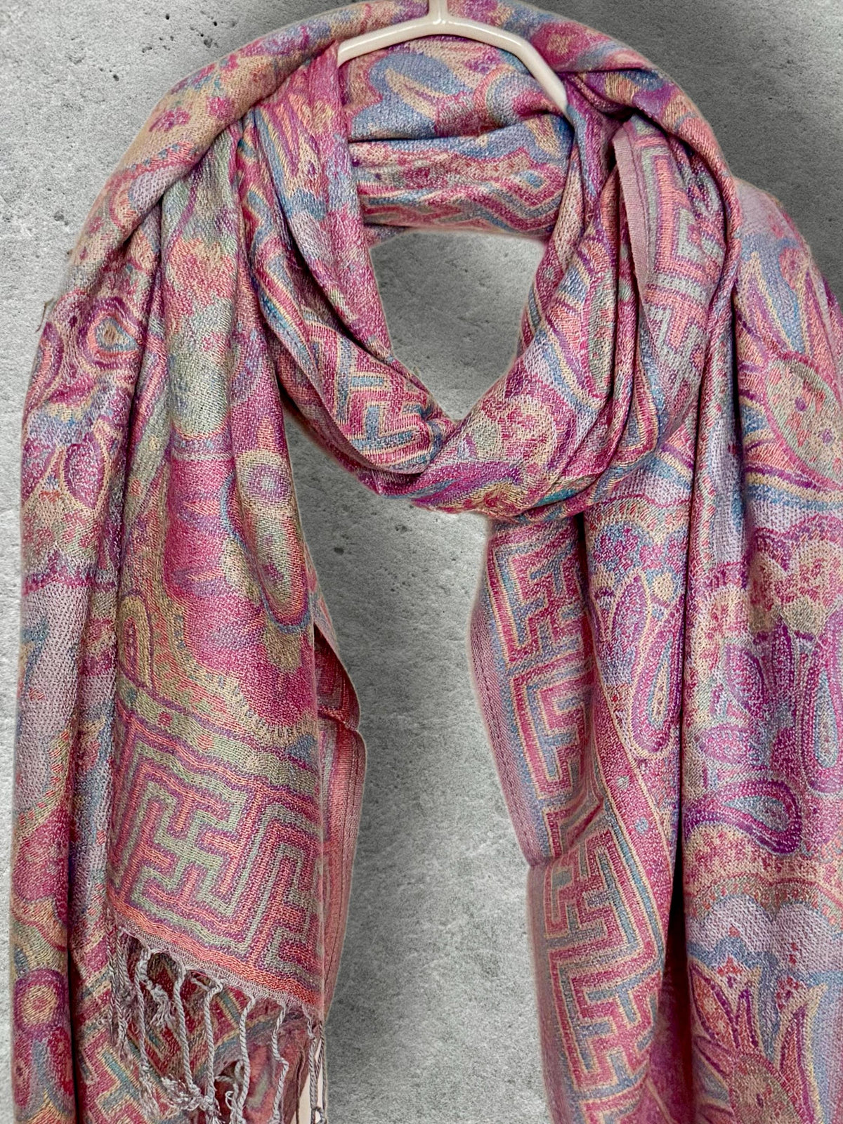 Dusty Pink and Blue Damask Florals Autumn Winter Scarf, Pashmina Style Shawl in Cotton Viscose Blend, Ultra Soft Women Wrap