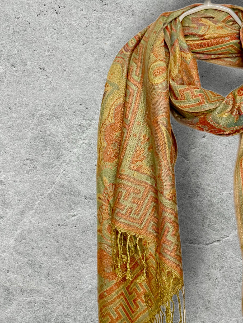 Mustard Olive Autumn Scarf, Damask Florals Cotton Viscose Blend Pashmina Style Fringed Winter Wrap