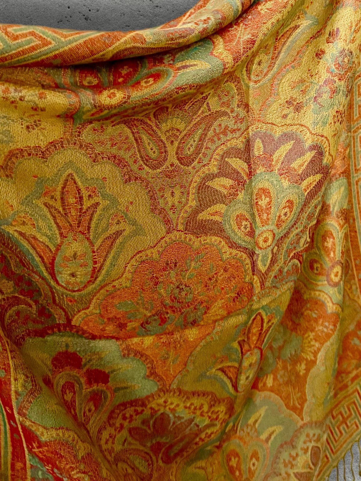 Mustard Olive Autumn Scarf, Damask Florals Cotton Viscose Blend Pashmina Style Fringed Winter Wrap