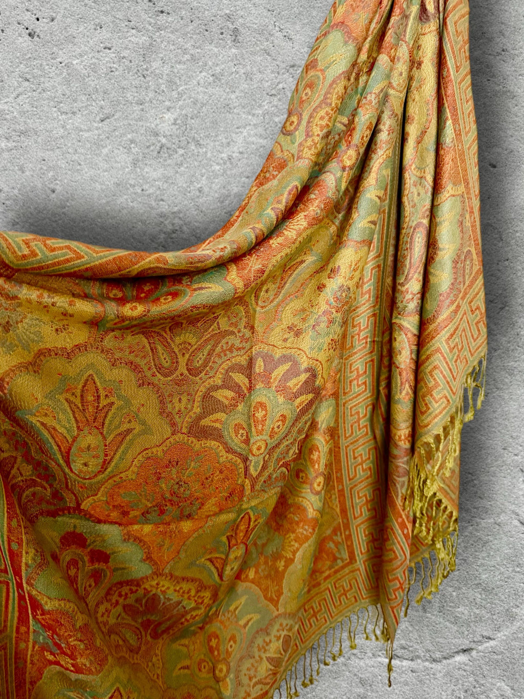 Mustard Olive Autumn Scarf, Damask Florals Cotton Viscose Blend Pashmina Style Fringed Winter Wrap