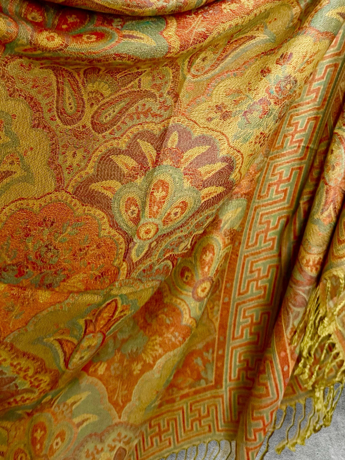 Mustard Olive Autumn Scarf, Damask Florals Cotton Viscose Blend Pashmina Style Fringed Winter Wrap