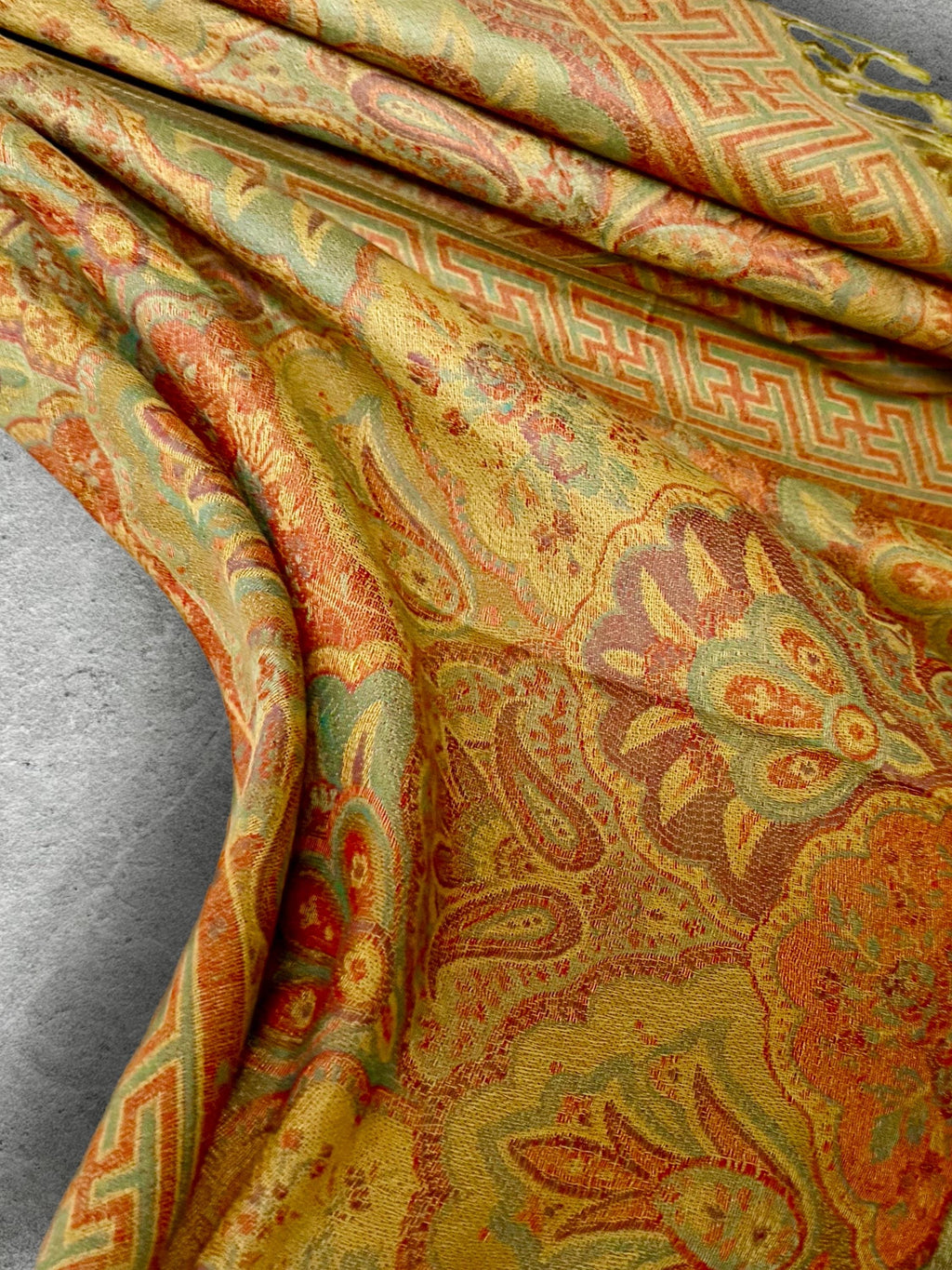 Mustard Olive Autumn Scarf, Damask Florals Cotton Viscose Blend Pashmina Style Fringed Winter Wrap