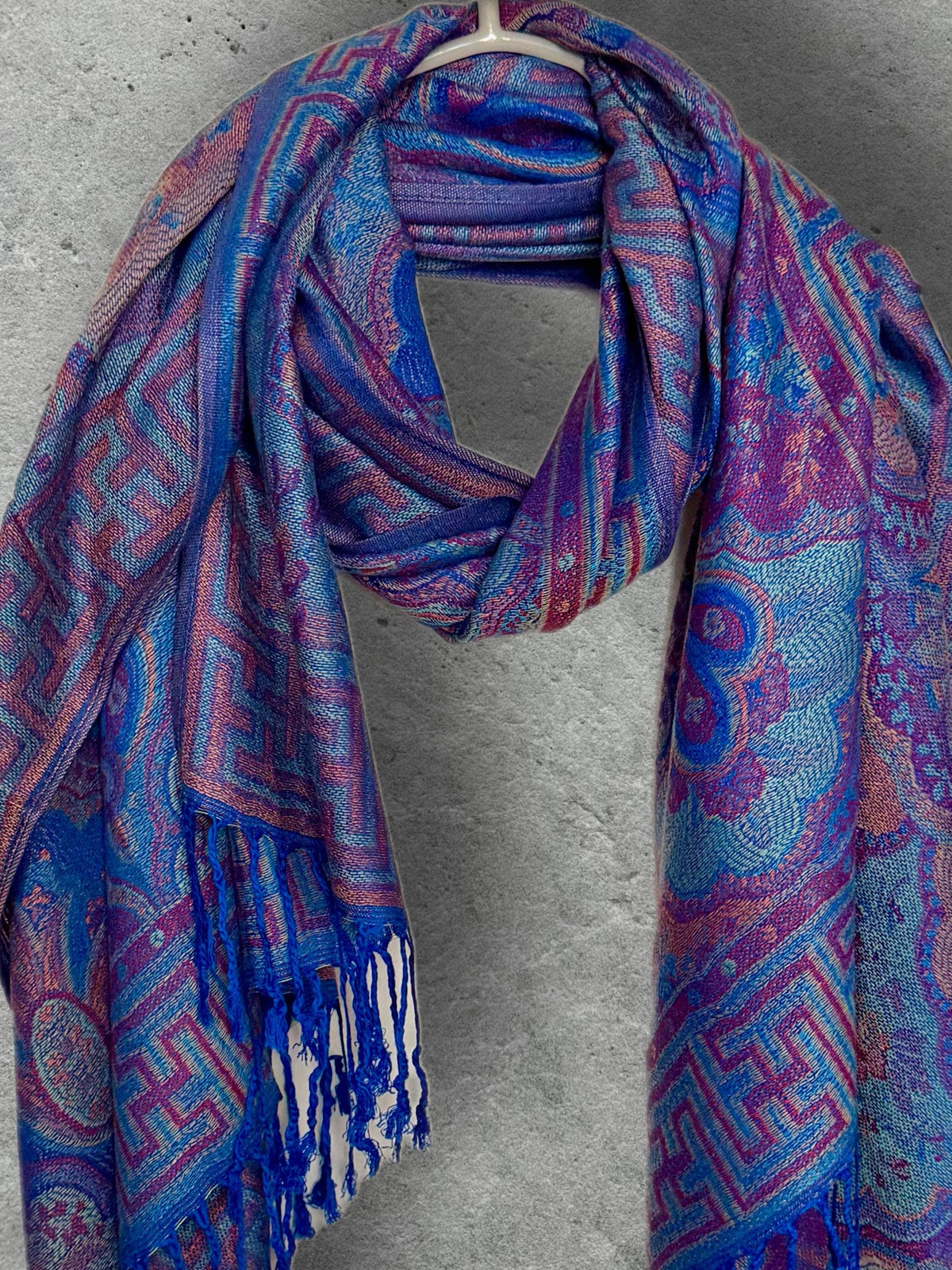 Royal Blue Purple Damask Autumn Winter Scarf, Cotton Viscose Pashmina Style Shawl for Women, Ideal Gifts for Her